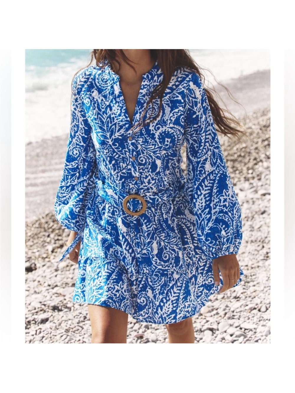 Zara Blue & White Paisley Belted Casual Dress